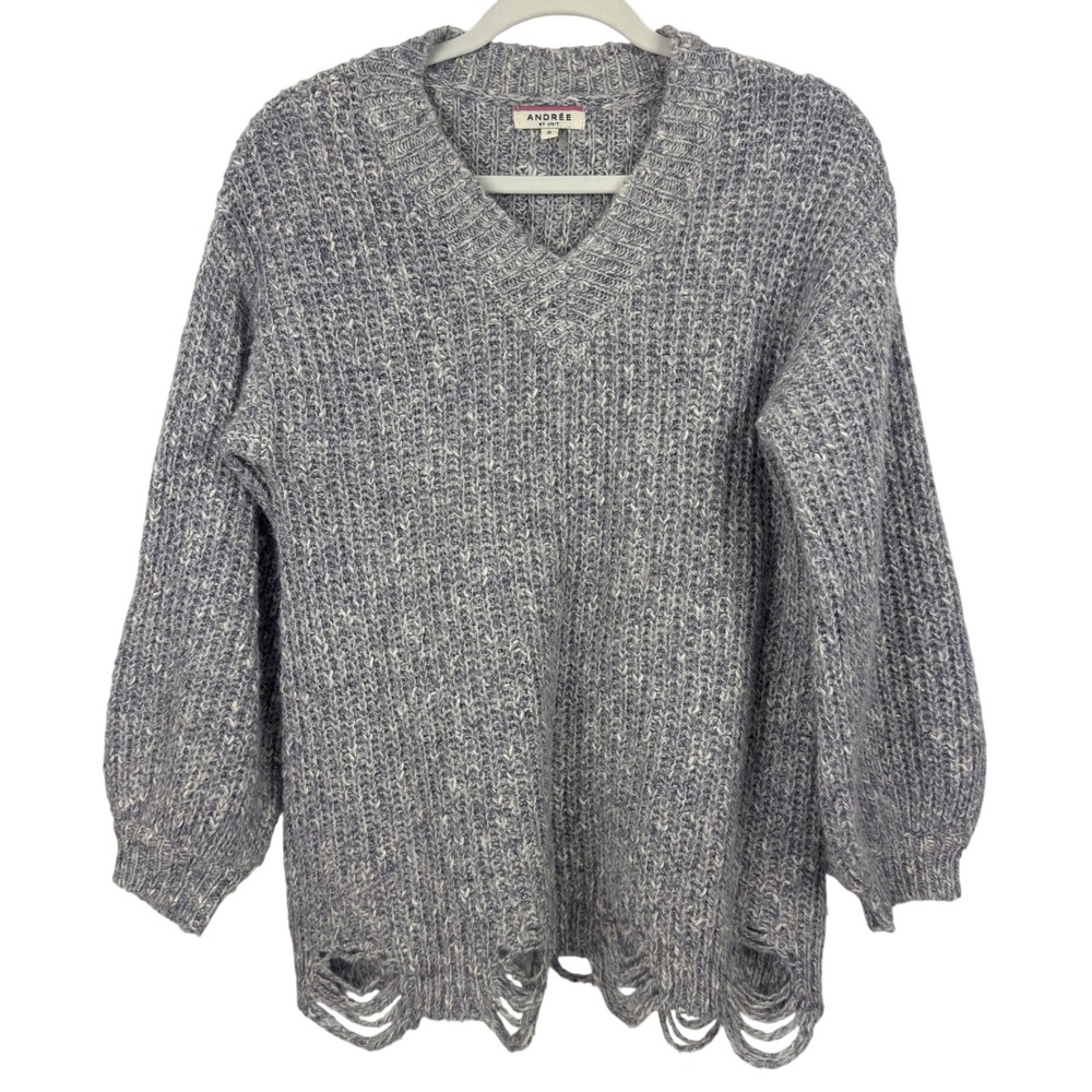Andree by‎ Unit Women Size Distressed Hem V-Neck Chunky Knit Sweater Gray